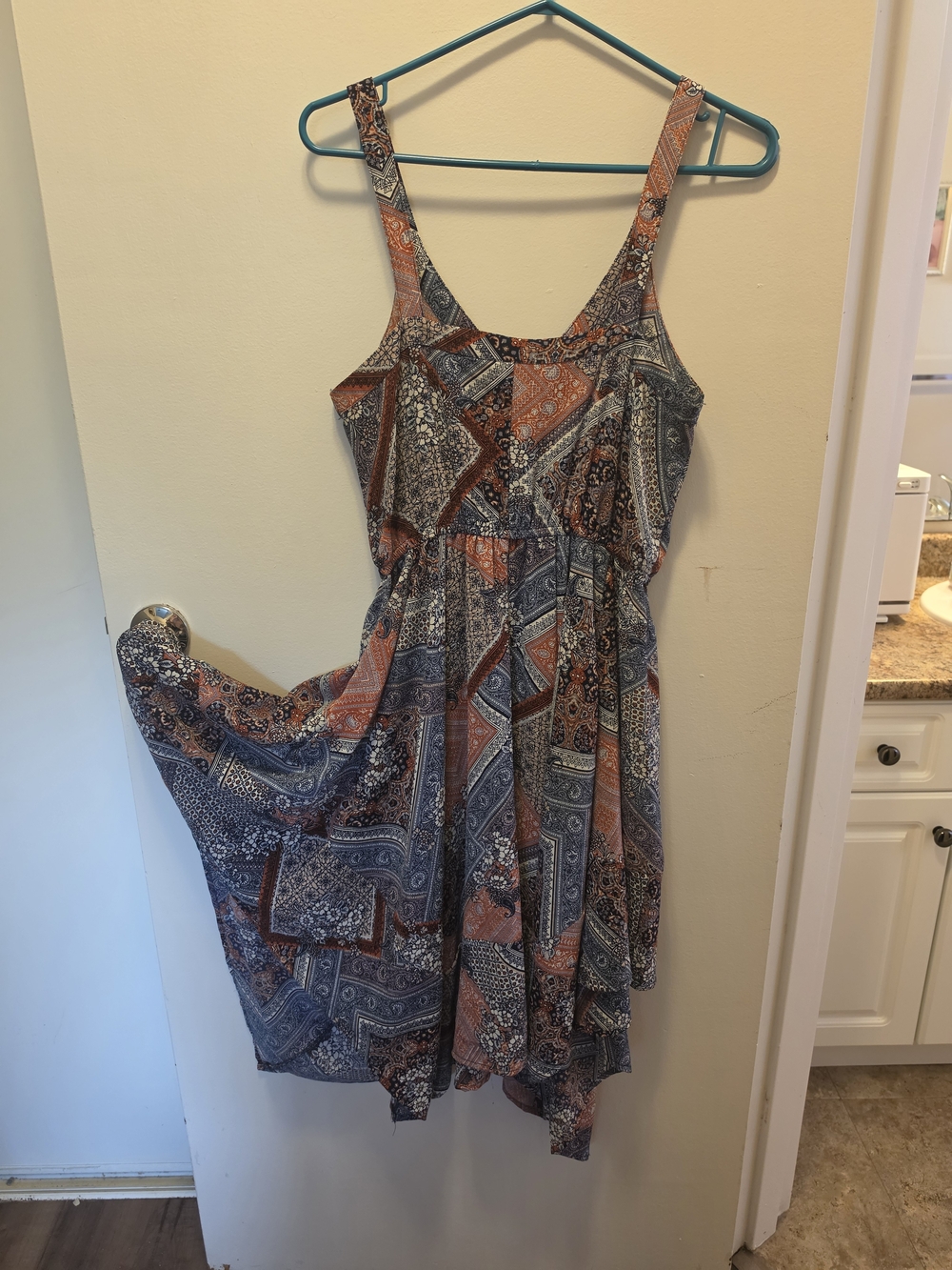 Suzy Shier Blue and Rust Asymmetrical Patchwork Dress